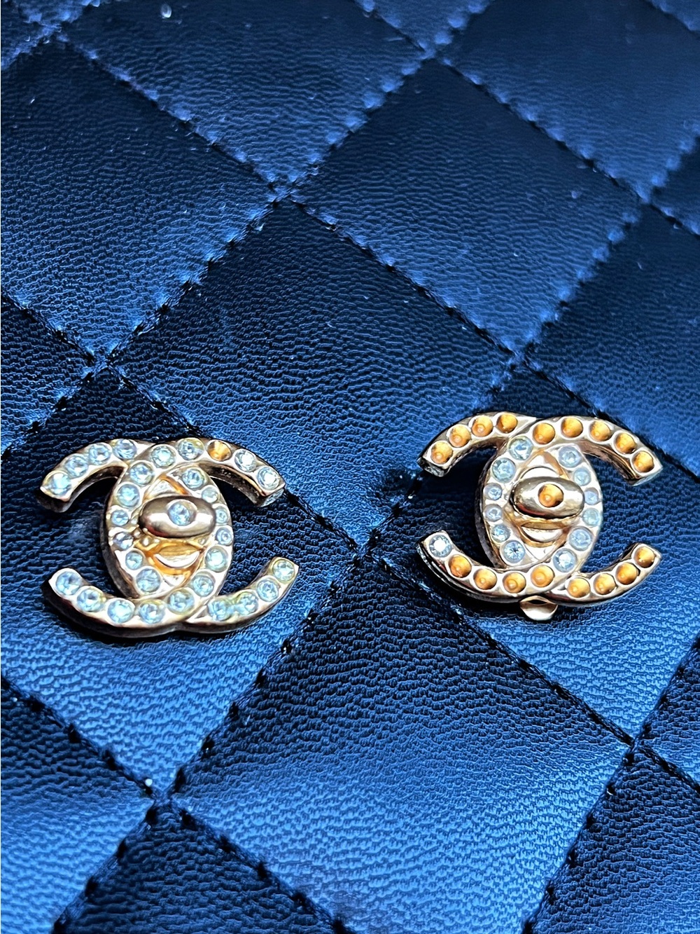 Chanel Gold CC Turnlock Rhinestone Clip-On Earrings from 1996 Fall Collection.